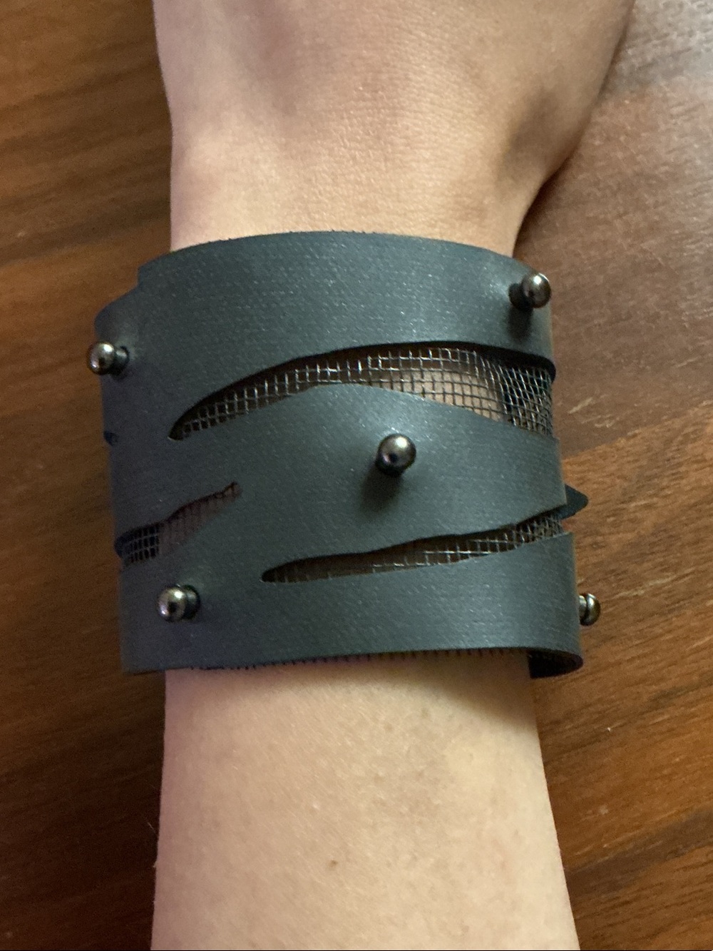 Artisan Made Vegan Leather Studded Wrist Cuff with Mesh Cutouts